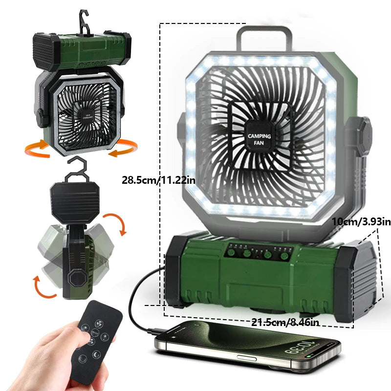 Outdoor Camping Fan With LED Lantern 20000mAh Rechargeable-Battery Remote-Oscillation