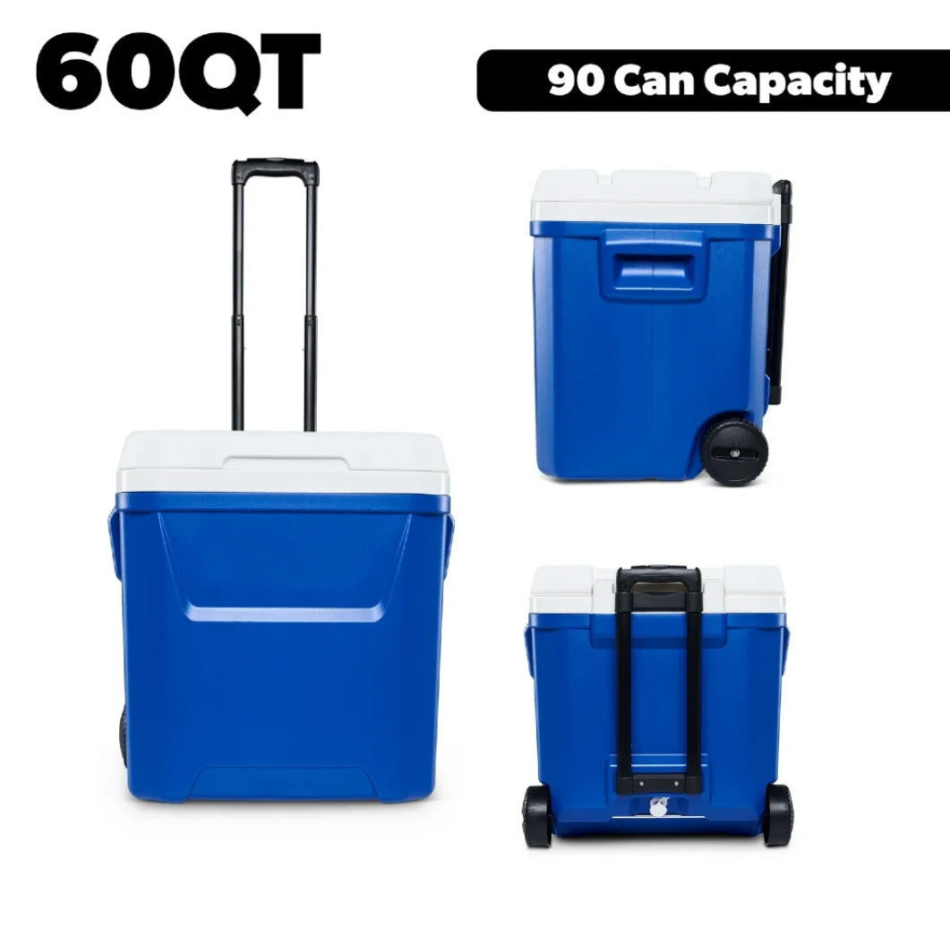 Wheeled Ice Chest Cooler With Telescoping Handle Durable Portable Locking