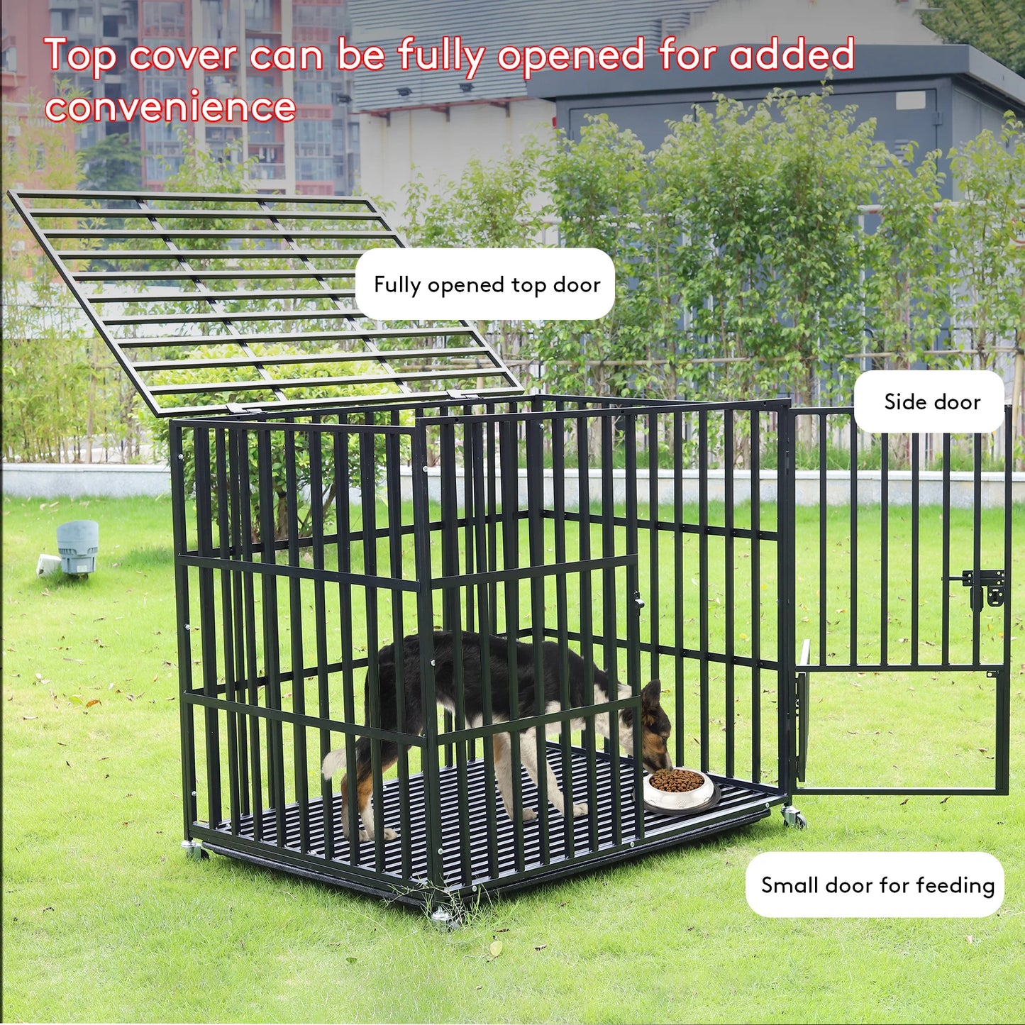 BINGOPA Heavy Duty Dog Crate With Lockable Wheels Removable Tray 3 Doors