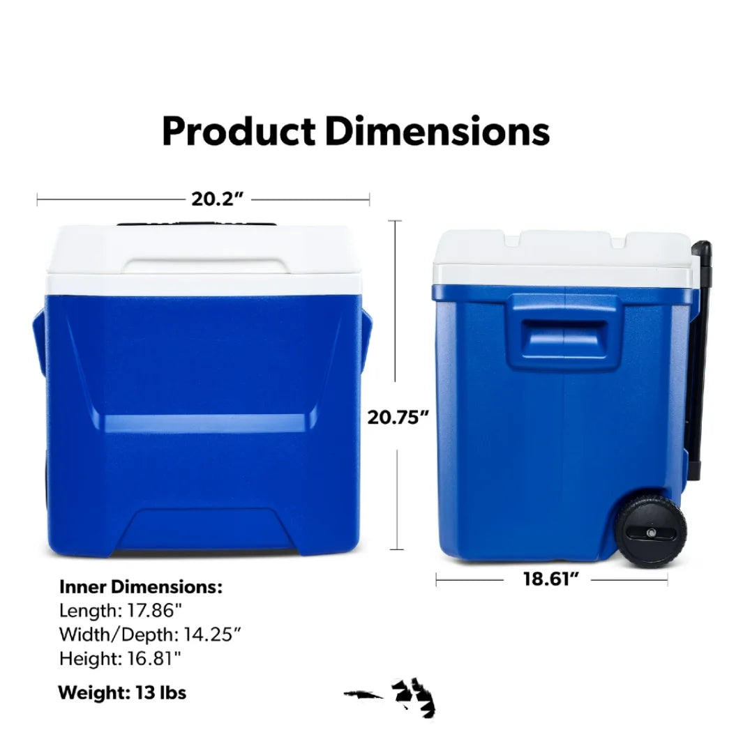 Wheeled Ice Chest Cooler With Telescoping Handle Durable Portable Locking