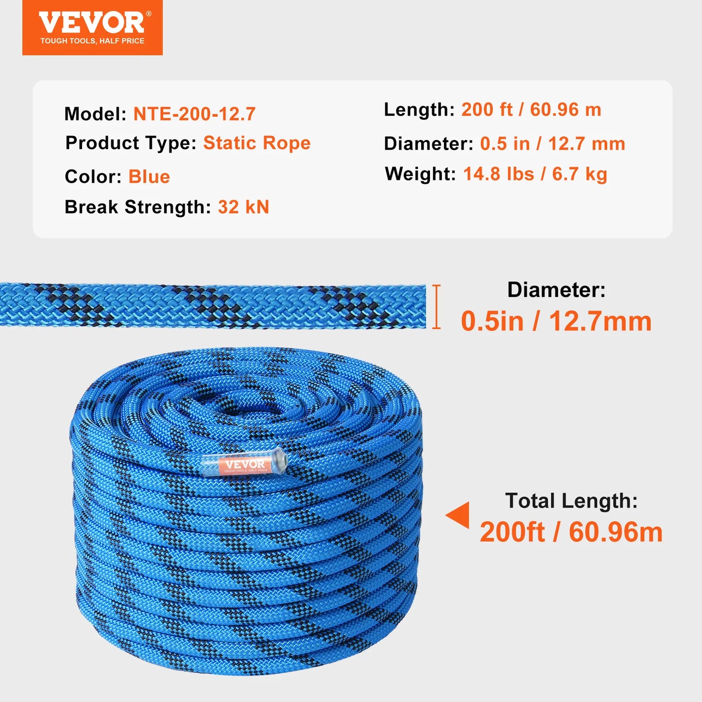 VEVOR Static Climbing Rope Steel Snap Hooks 30 KN Outdoor