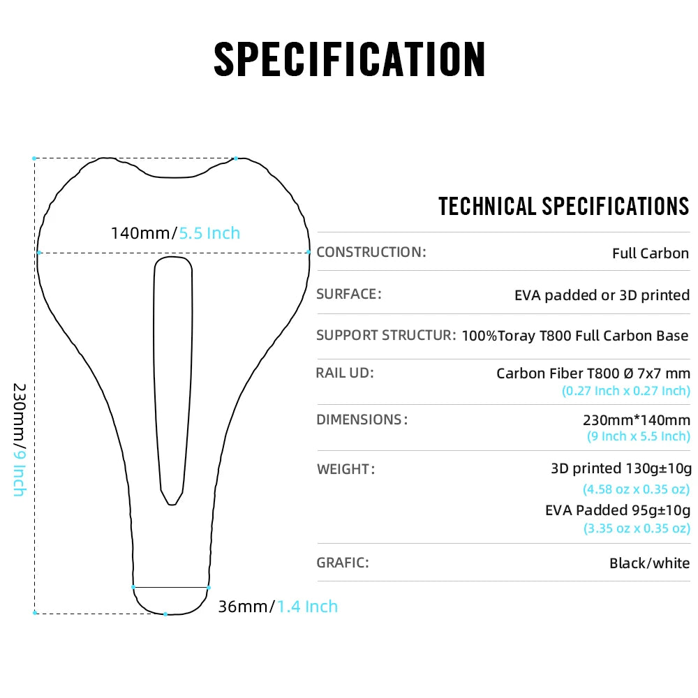 RYET 3D Printed Carbon Fiber Bike Saddle for Road Cycling