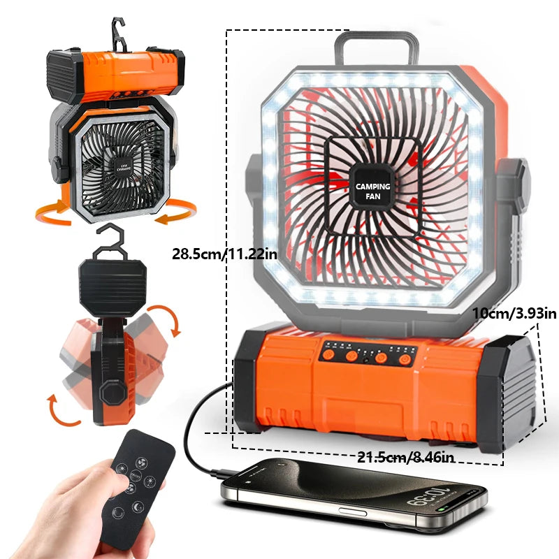 Outdoor Camping Fan With LED Lantern 20000mAh Rechargeable-Battery Remote-Oscillation