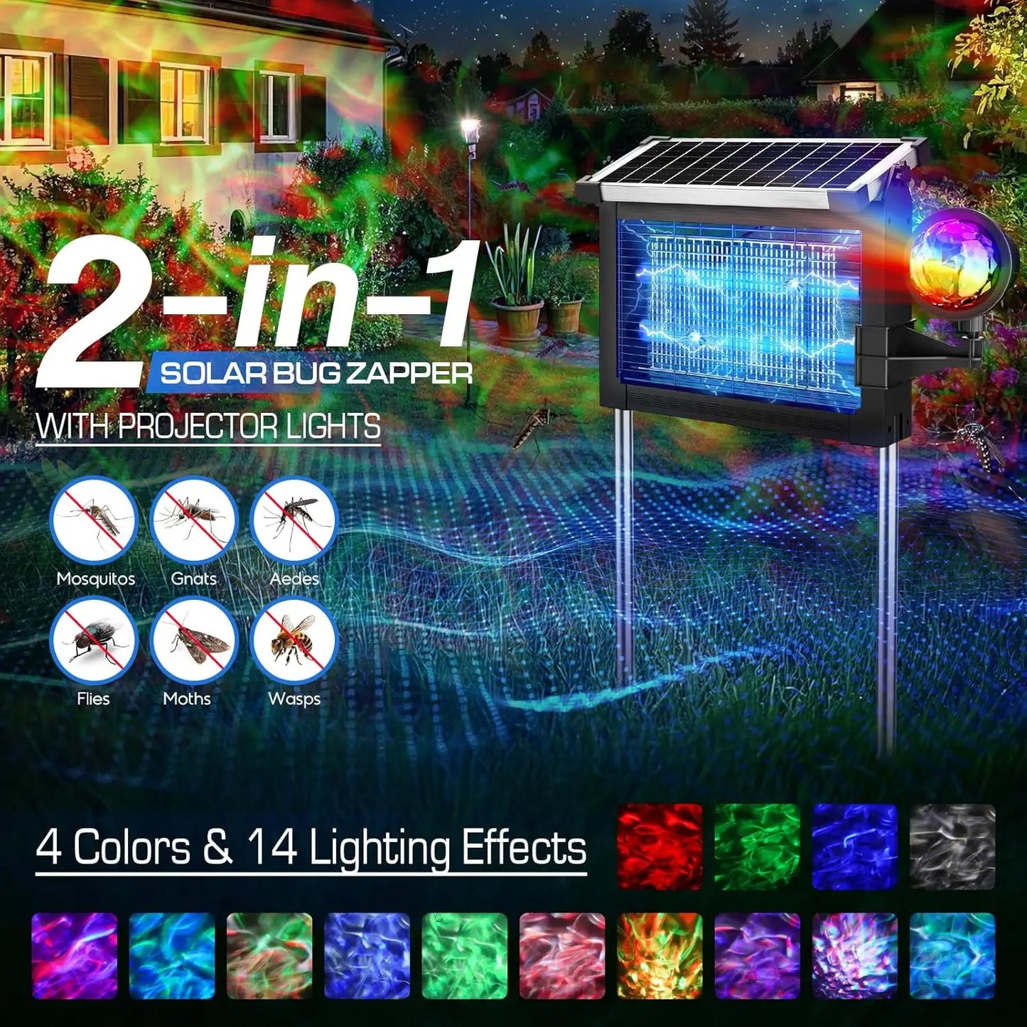 Solar Bug Zapper 4500V Rechargeable With Projection Light IP66