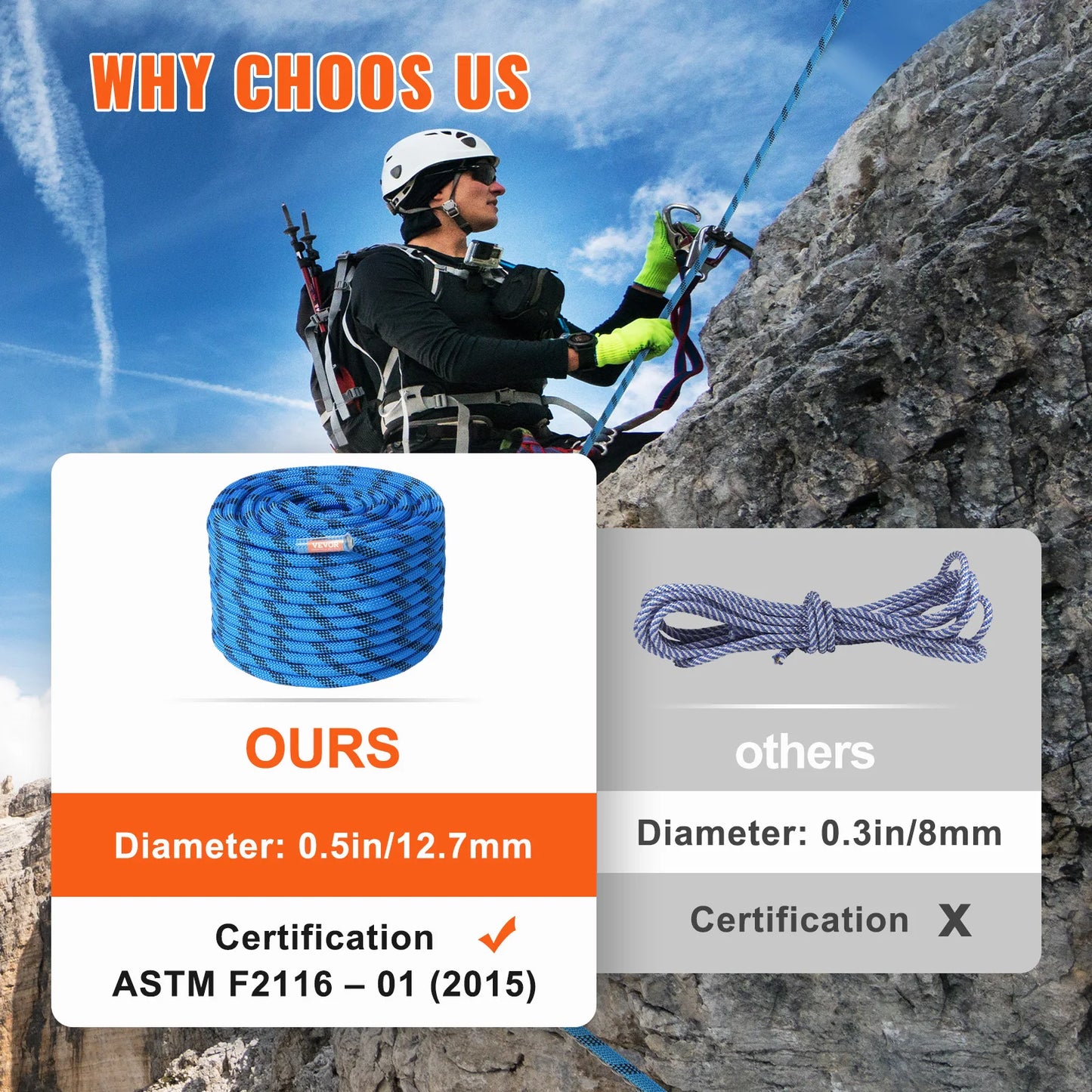 VEVOR Static Climbing Rope Steel Snap Hooks 30 KN Outdoor