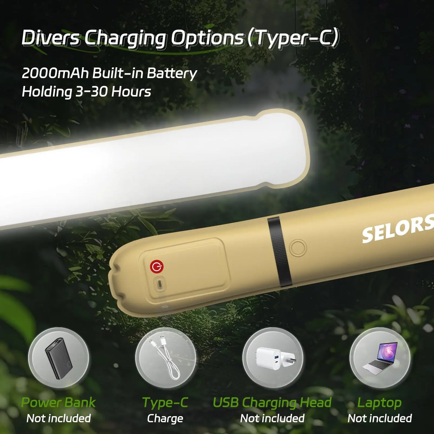 SELORSS Rechargeable Portable Camping Light Waterproof Spotlight 2000mAh Tent Lamp