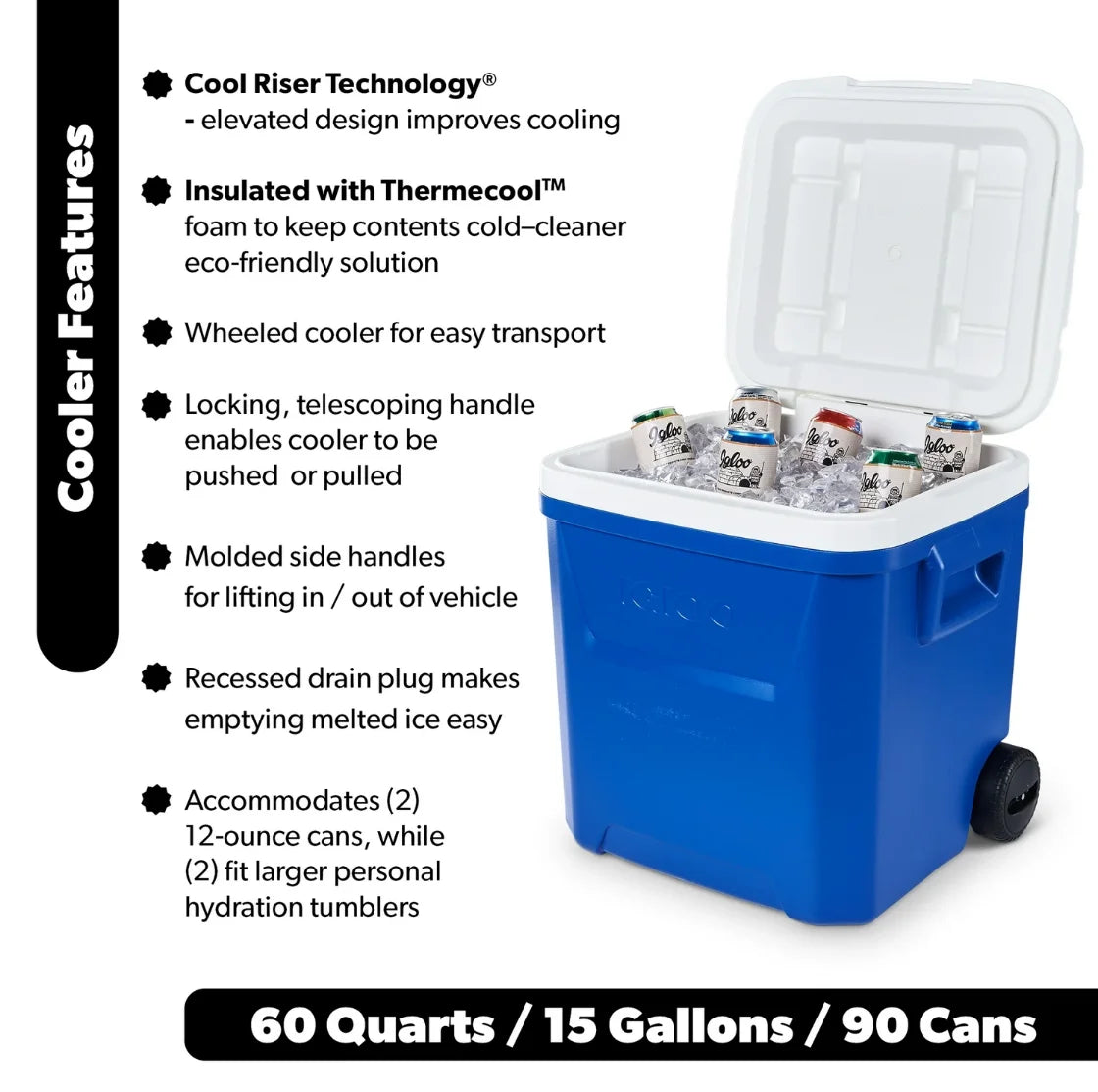 Wheeled Ice Chest Cooler With Telescoping Handle Durable Portable Locking