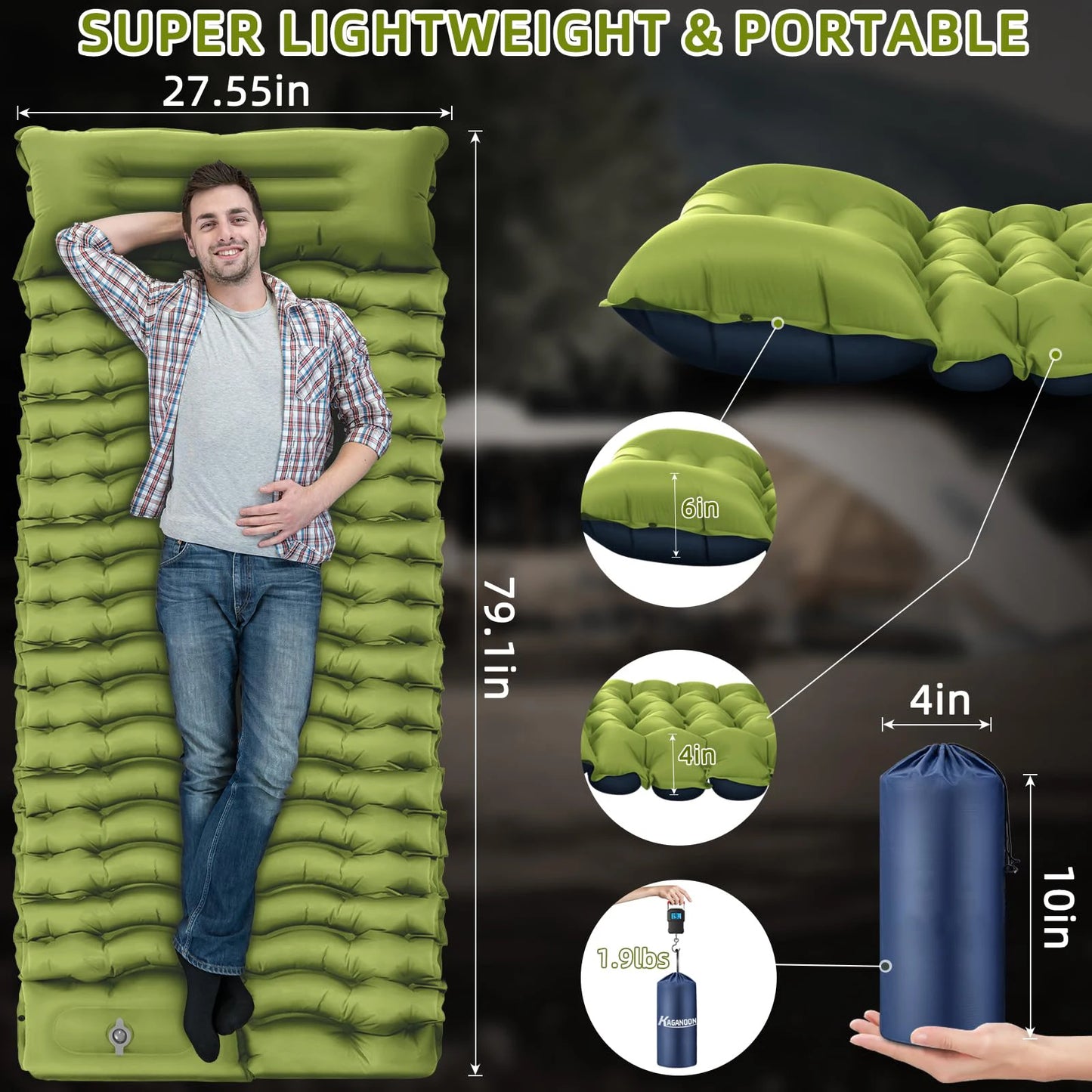 WESTTUNE Inflatable Air Mattress Camping Pad Ultralight With Pillow