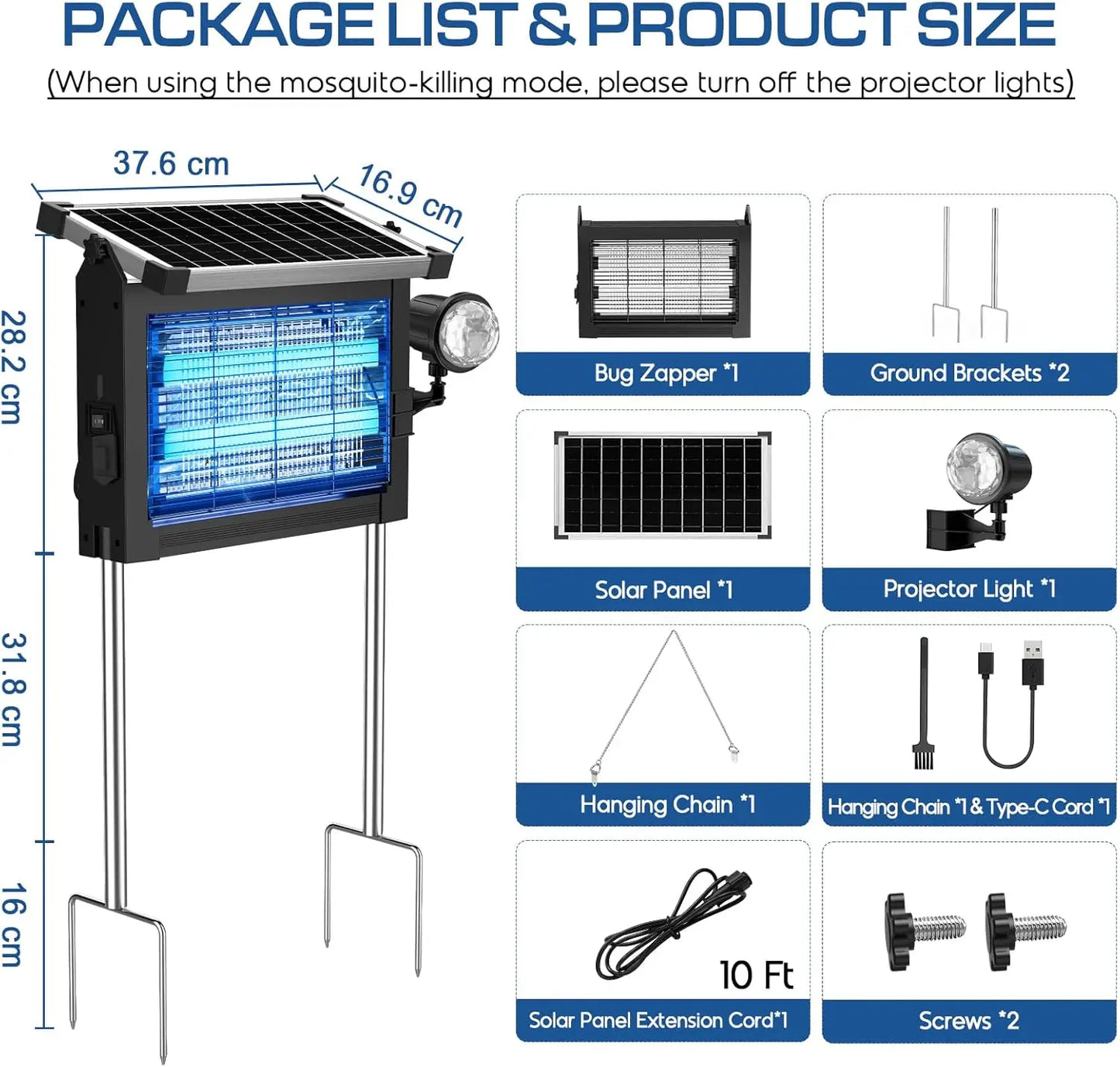 Solar Bug Zapper 4500V Rechargeable With Projection Light IP66