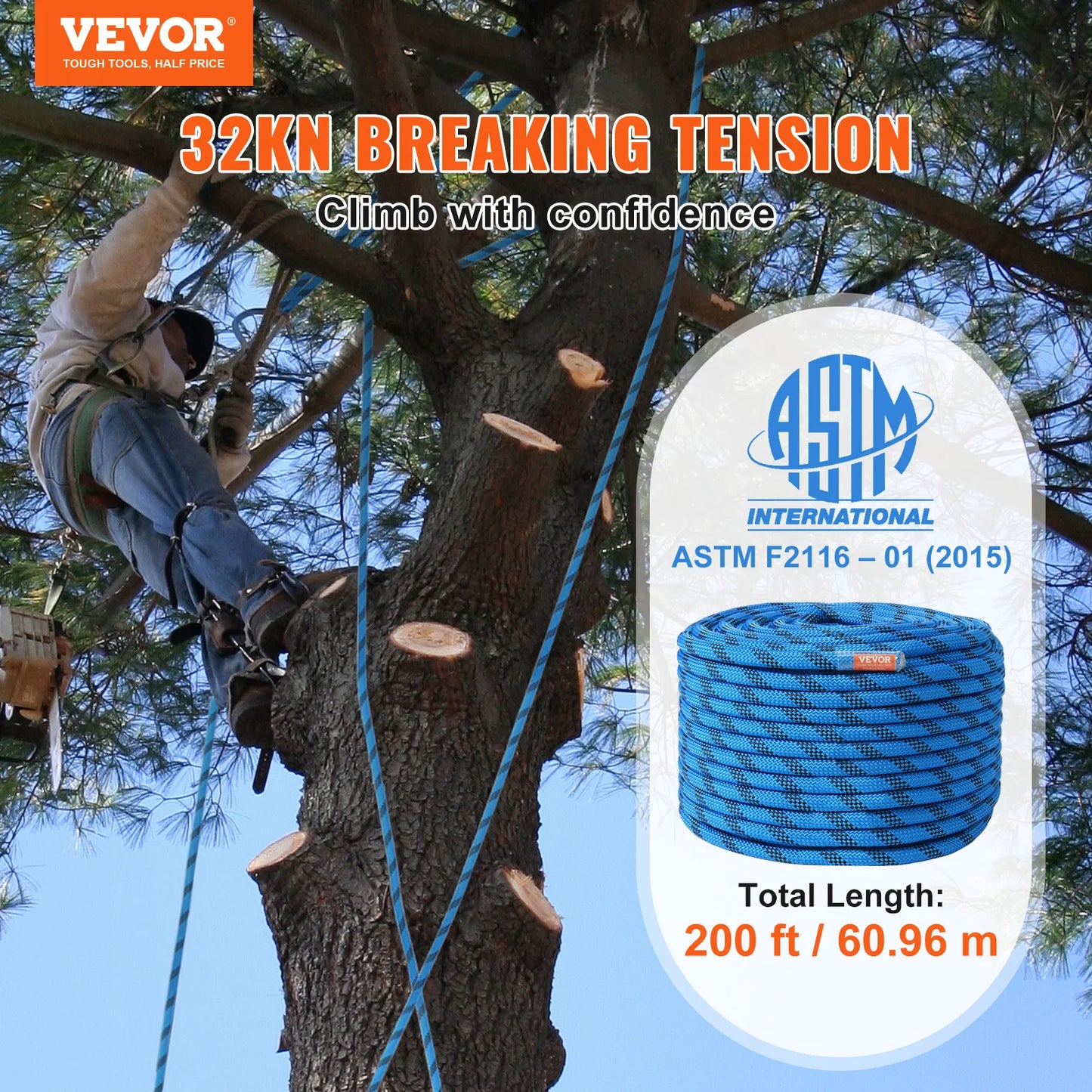 VEVOR Static Climbing Rope Steel Snap Hooks 30 KN Outdoor