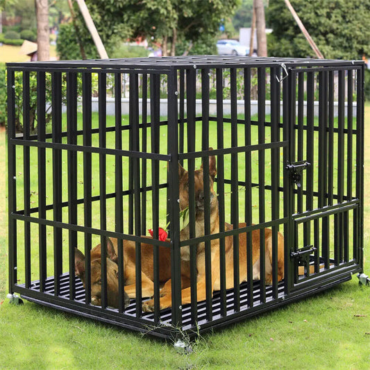 BINGOPA Heavy Duty Dog Crate With Lockable Wheels Removable Tray 3 Doors