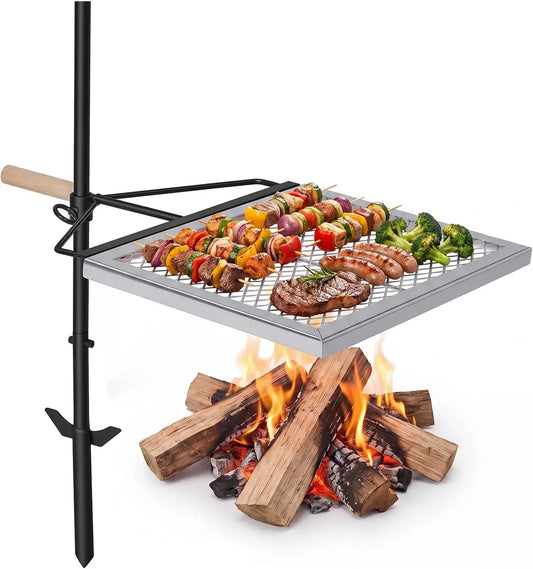 Tacleekii Swivel Campfire Grill With Adjustable Cooking Grate For Camping