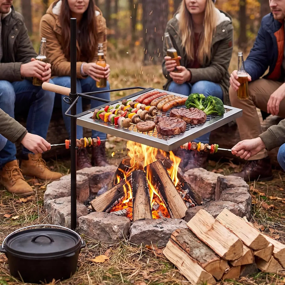 Tacleekii Swivel Campfire Grill With Adjustable Cooking Grate For Camping